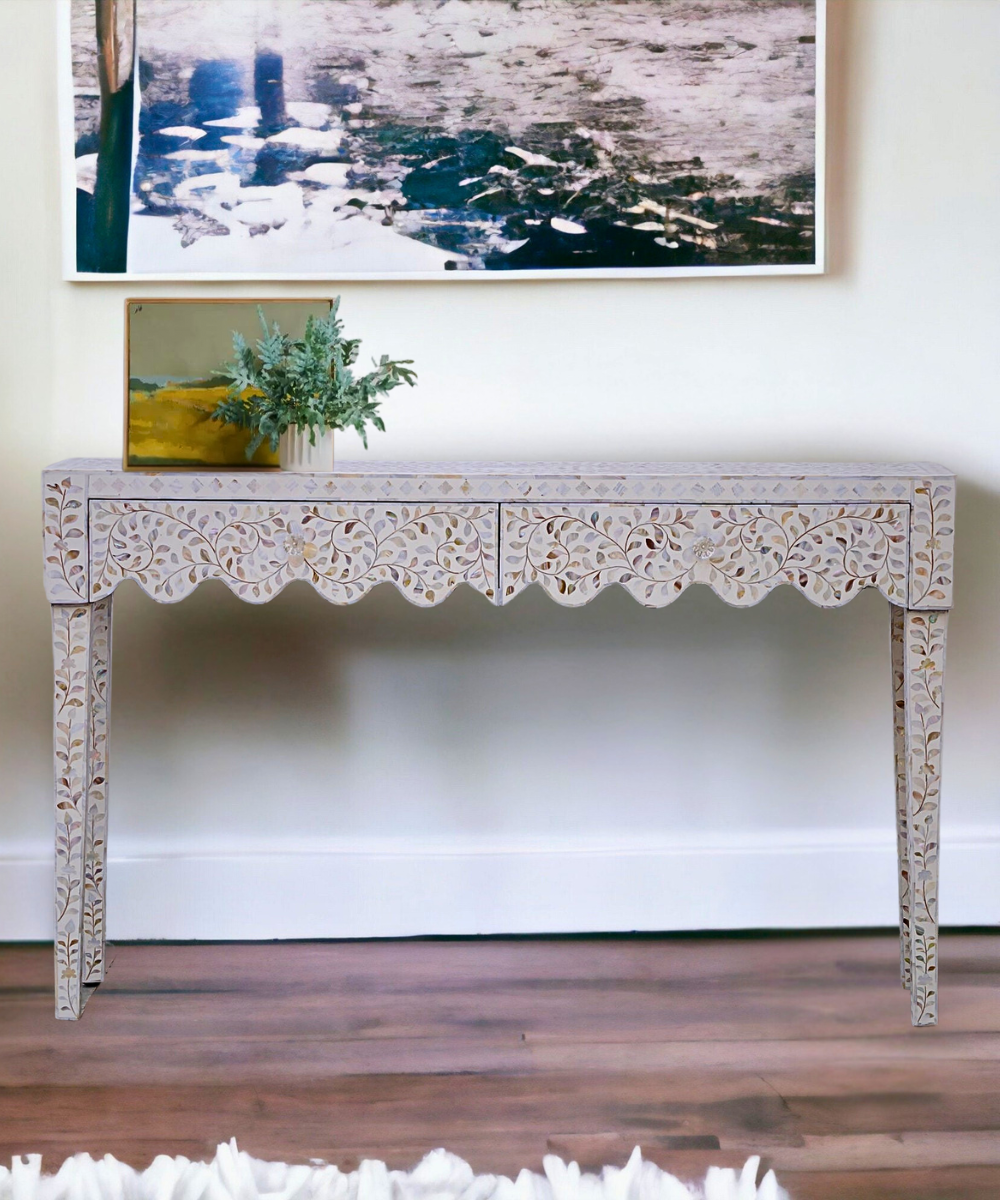 White Floral Mother of Pearl 2 Drawer Console Handcrafted Elegance