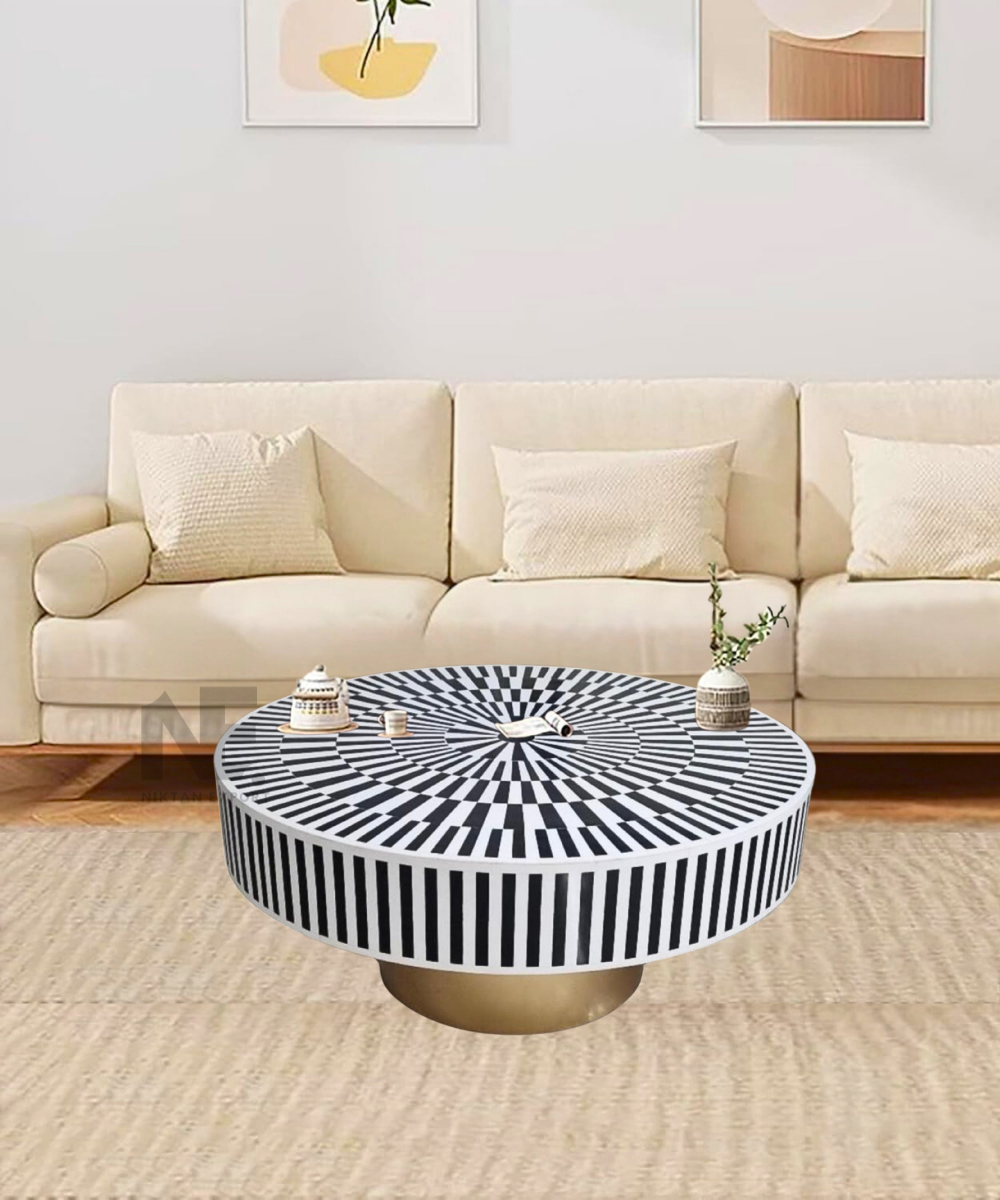 Handmade black bone inlay round coffee table – front view