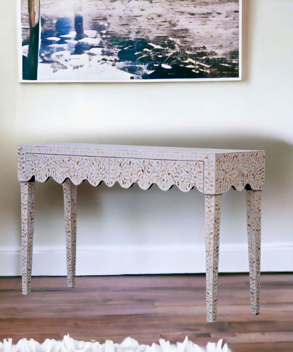 White Floral Mother of Pearl 2 Drawer Console Handcrafted Elegance