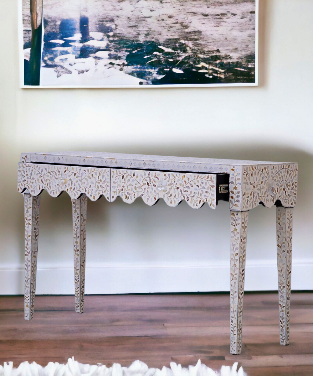 White Floral Mother of Pearl 2 Drawer Console Handcrafted Elegance