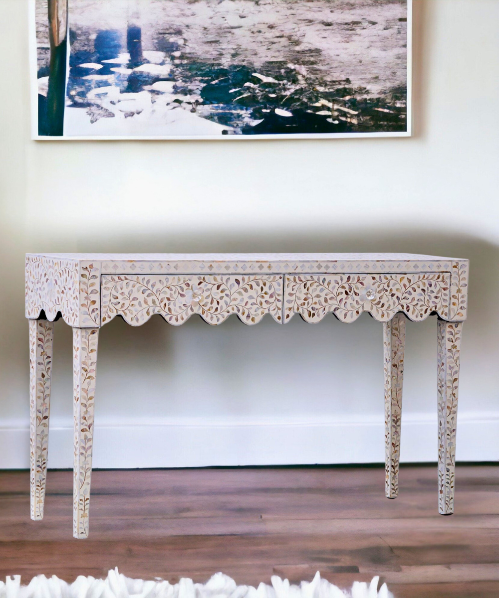 White Floral Mother of Pearl 2 Drawer Console Handcrafted Elegance