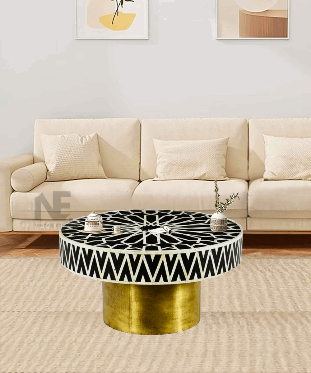 Handmade black bone inlay round coffee table with floral design