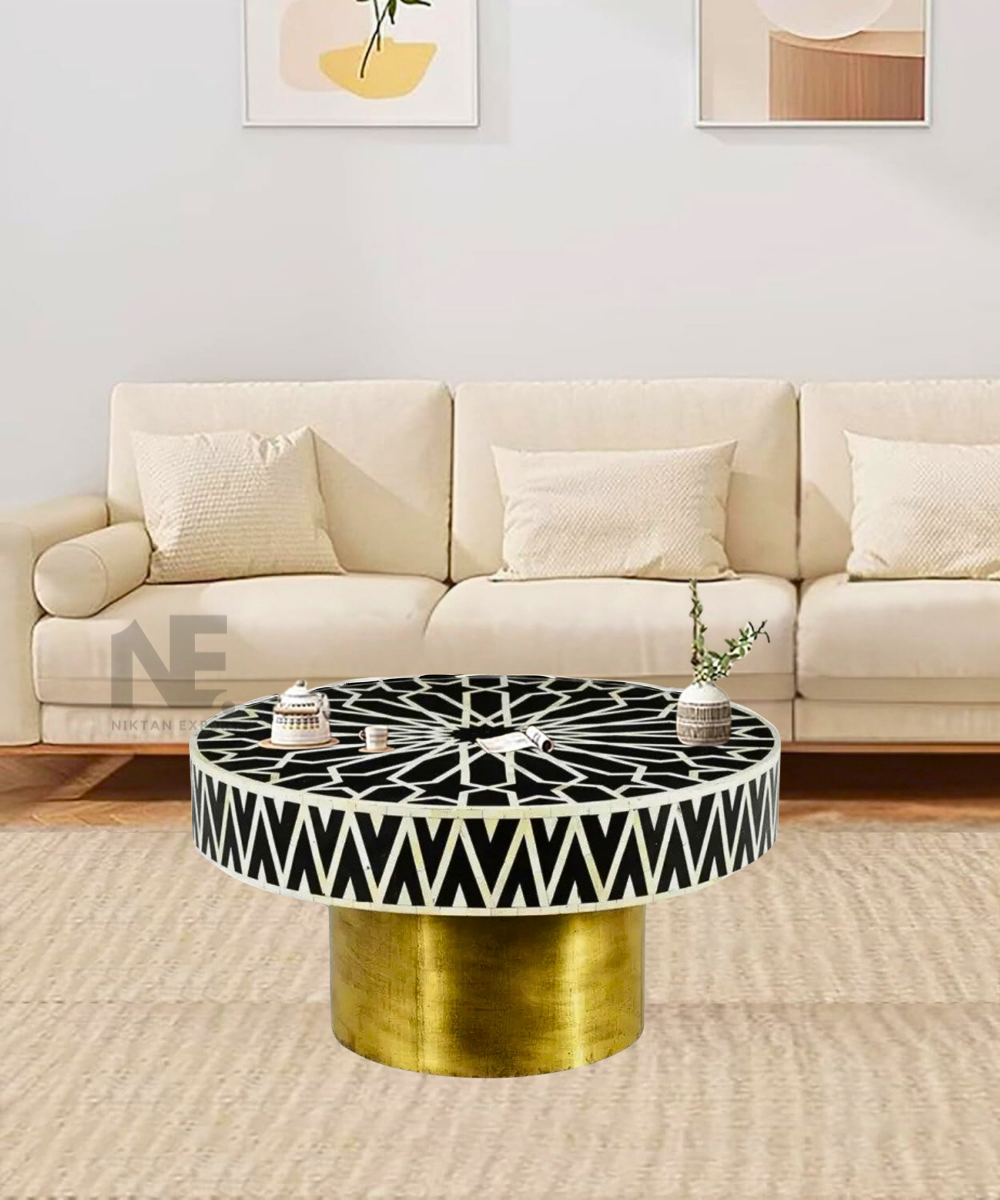 Handmade black bone inlay round coffee table with floral design
