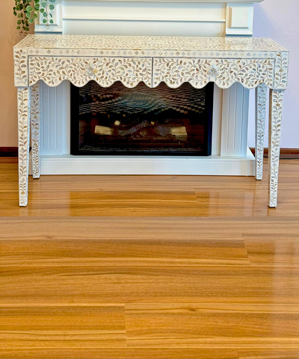 White Floral Mother of Pearl 2 Drawer Console Handcrafted Elegance