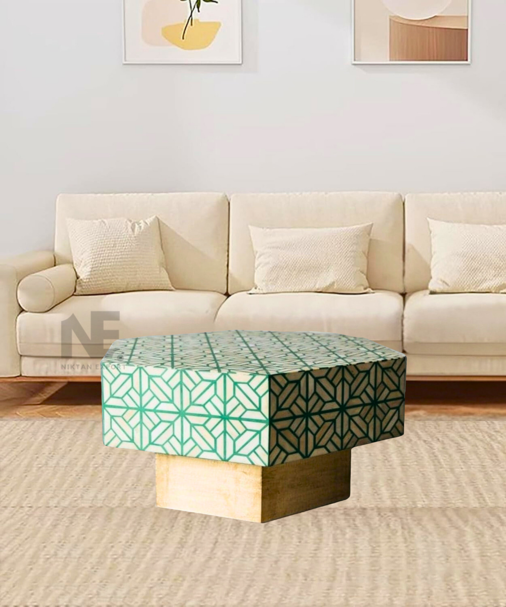 Handmade green bone inlay hexagon coffee table – full view