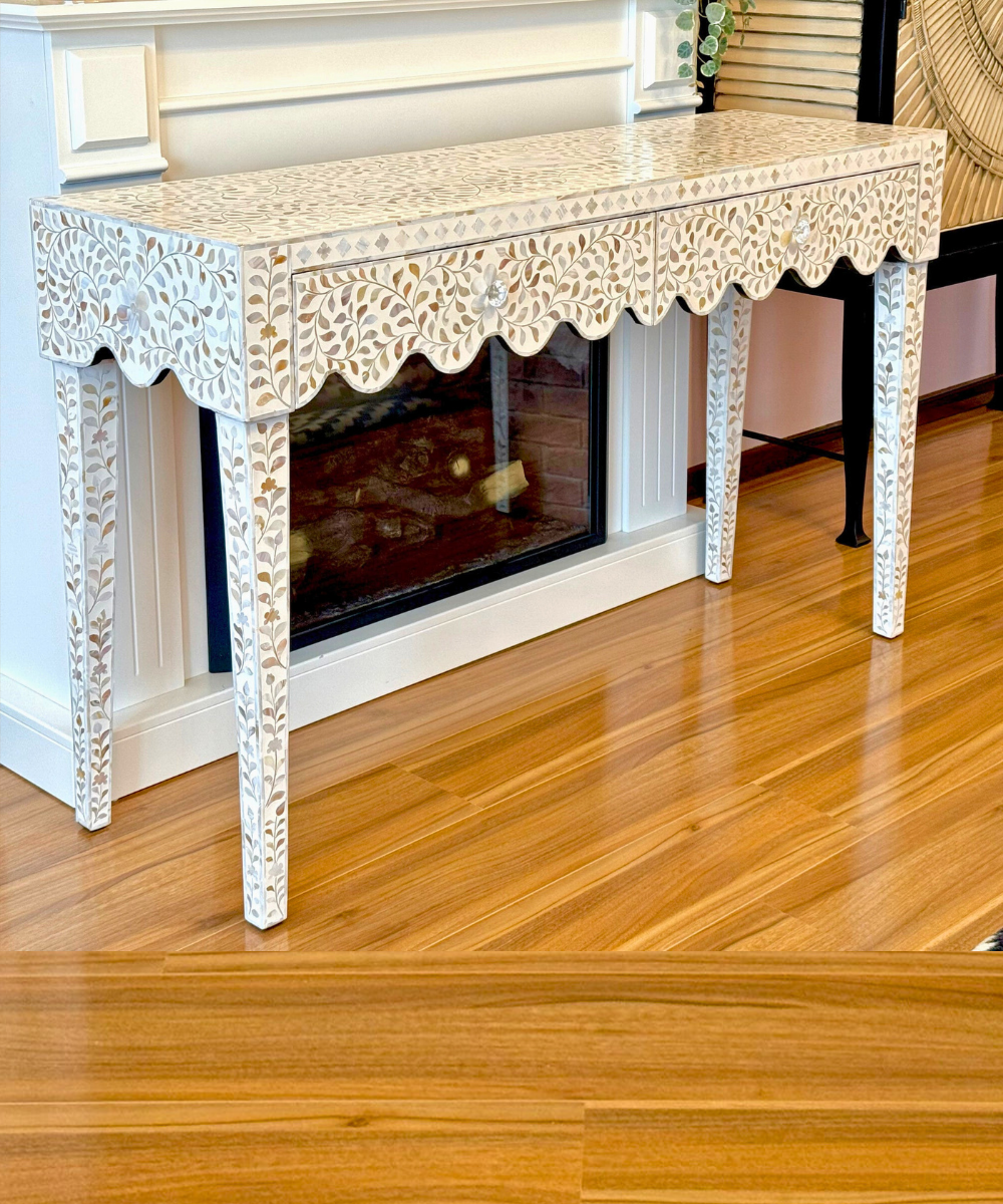 White Floral Mother of Pearl 2 Drawer Console Handcrafted Elegance