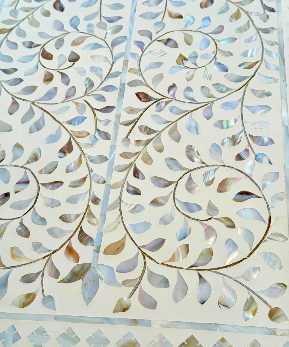 White Floral Mother of Pearl 2 Drawer Console Handcrafted Elegance