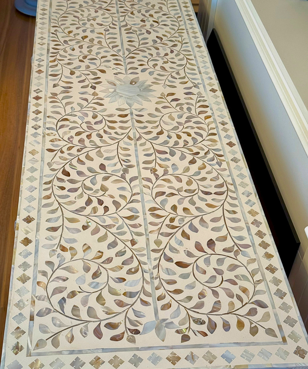 White Floral Mother of Pearl 2 Drawer Console Handcrafted Elegance