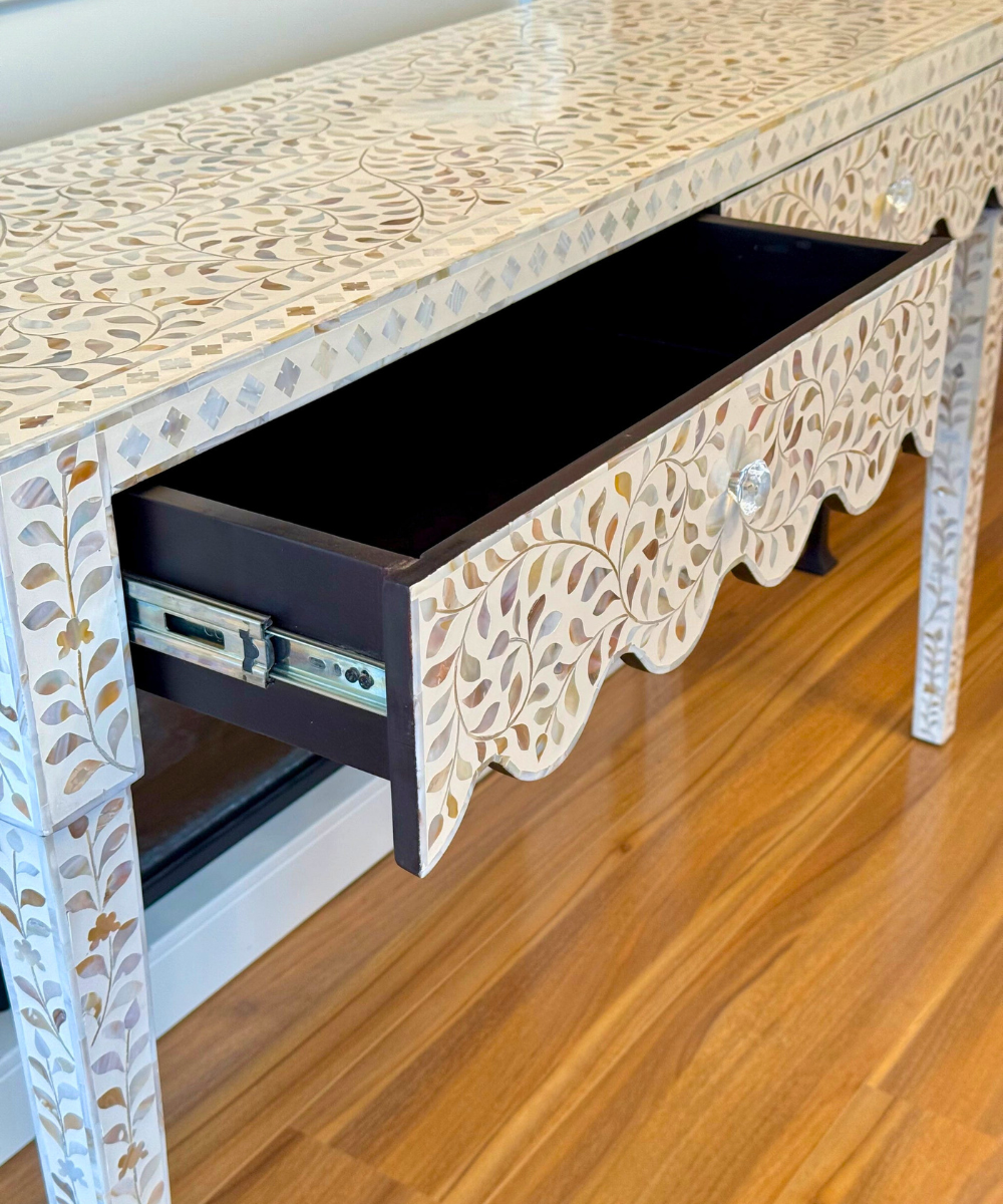 White Floral Mother of Pearl 2 Drawer Console Handcrafted Elegance
