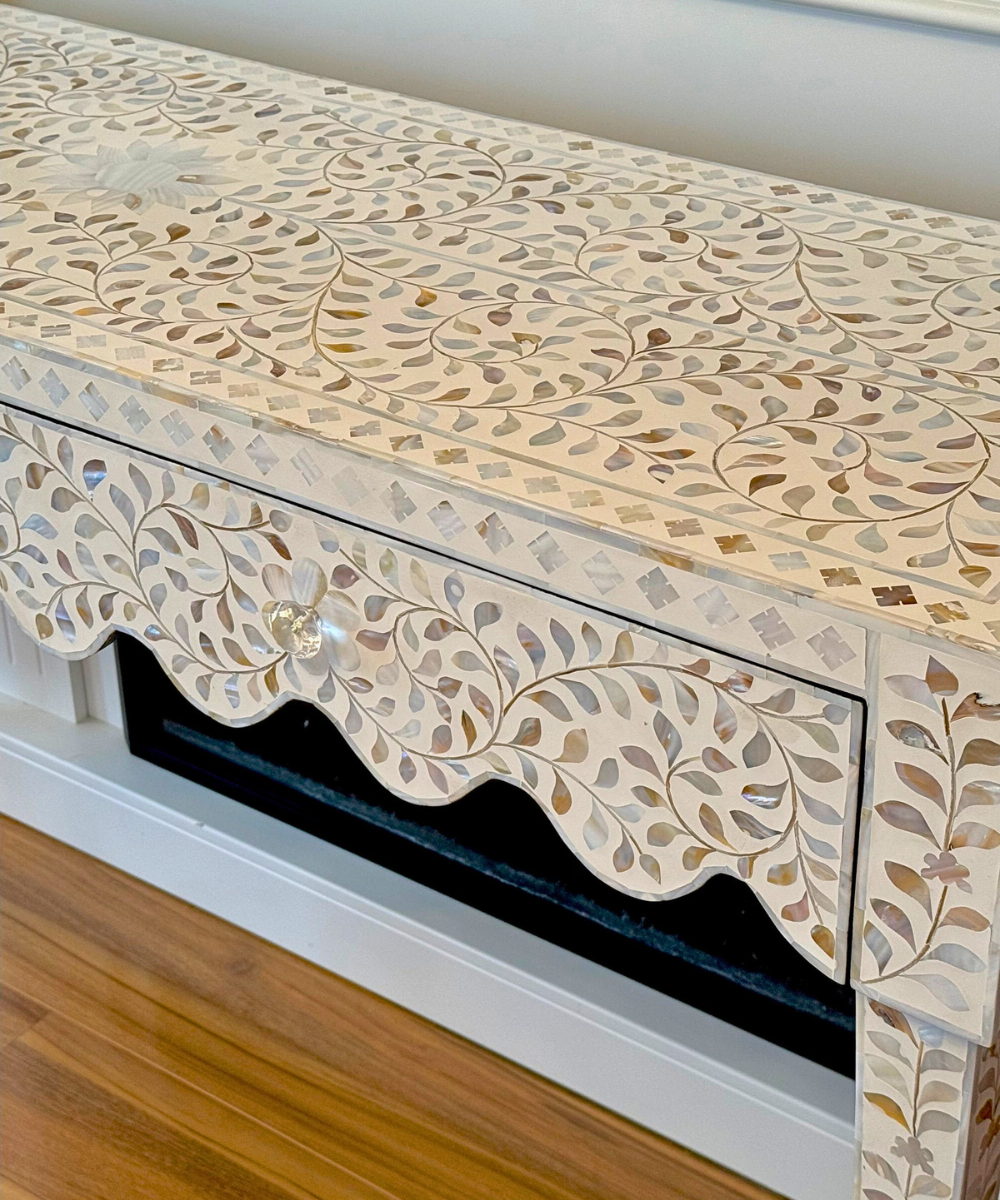 White Floral Mother of Pearl 2 Drawer Console Handcrafted Elegance