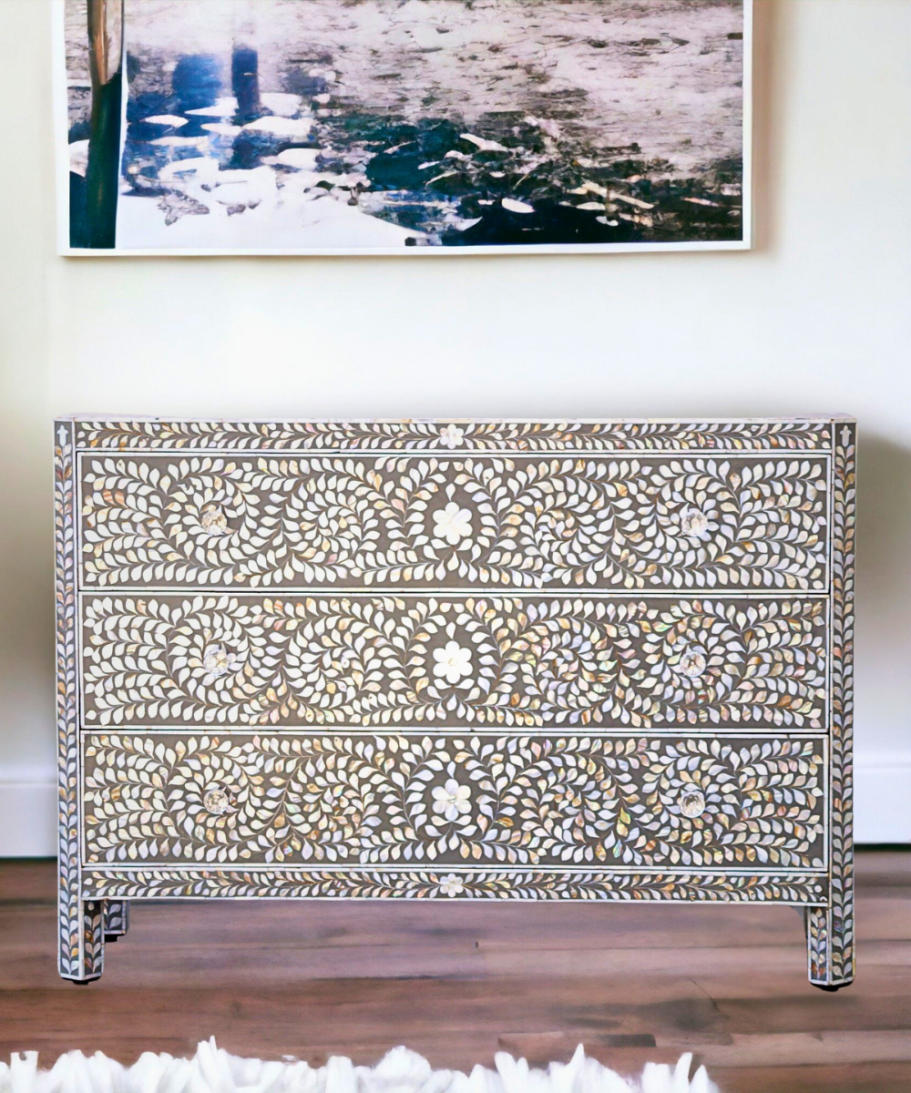 Mother of Pearl 3 Drawer Chest Grey Floral Handcrafted Elegance