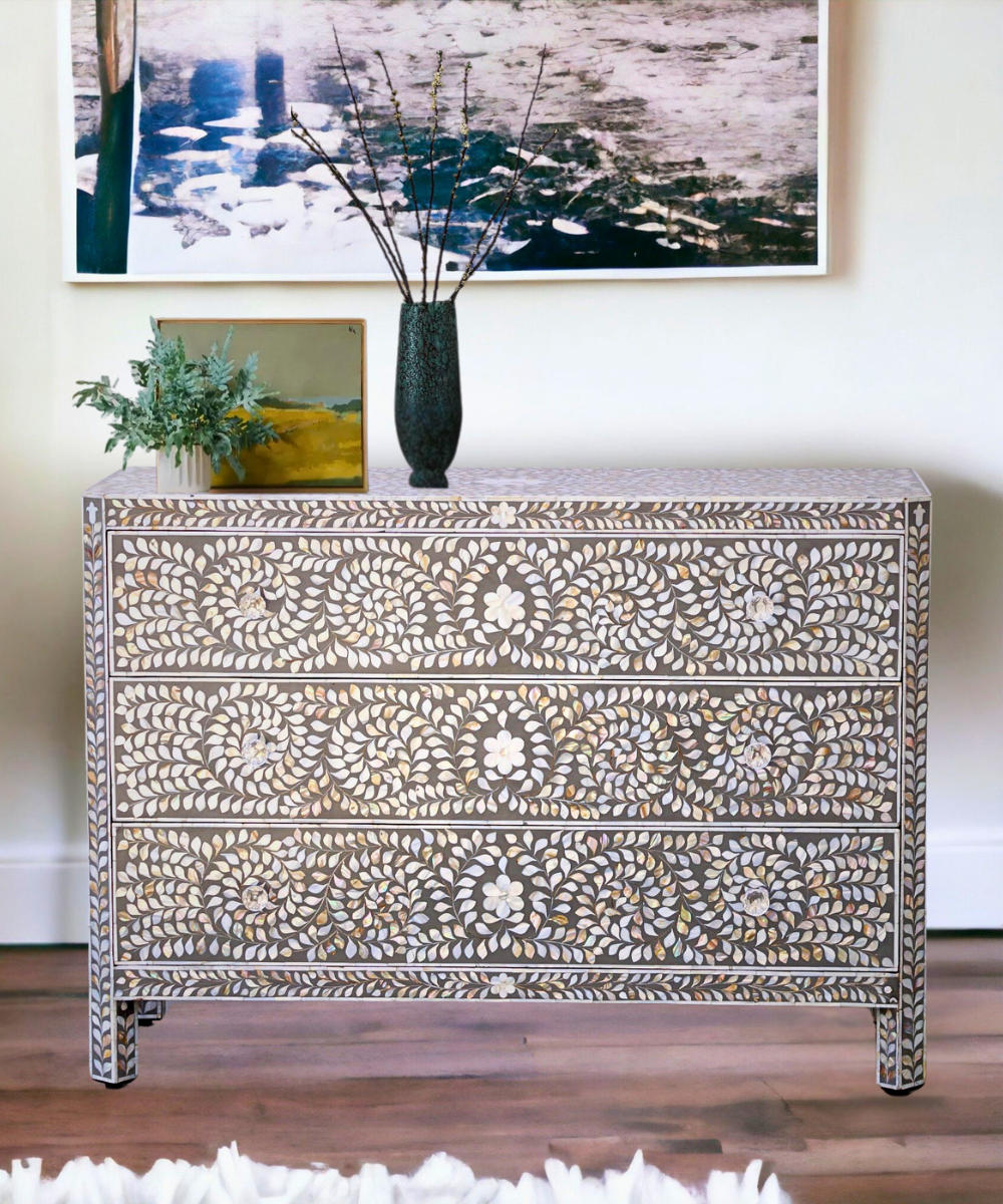 Mother of Pearl 3 Drawer Chest Grey Floral Handcrafted Elegance