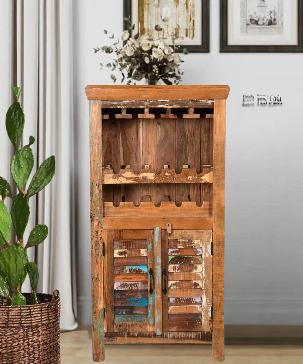 Rustic Wooden Bar Cabinet with Wine Rack – Distressed Reclaimed Wood Bar Cabinet