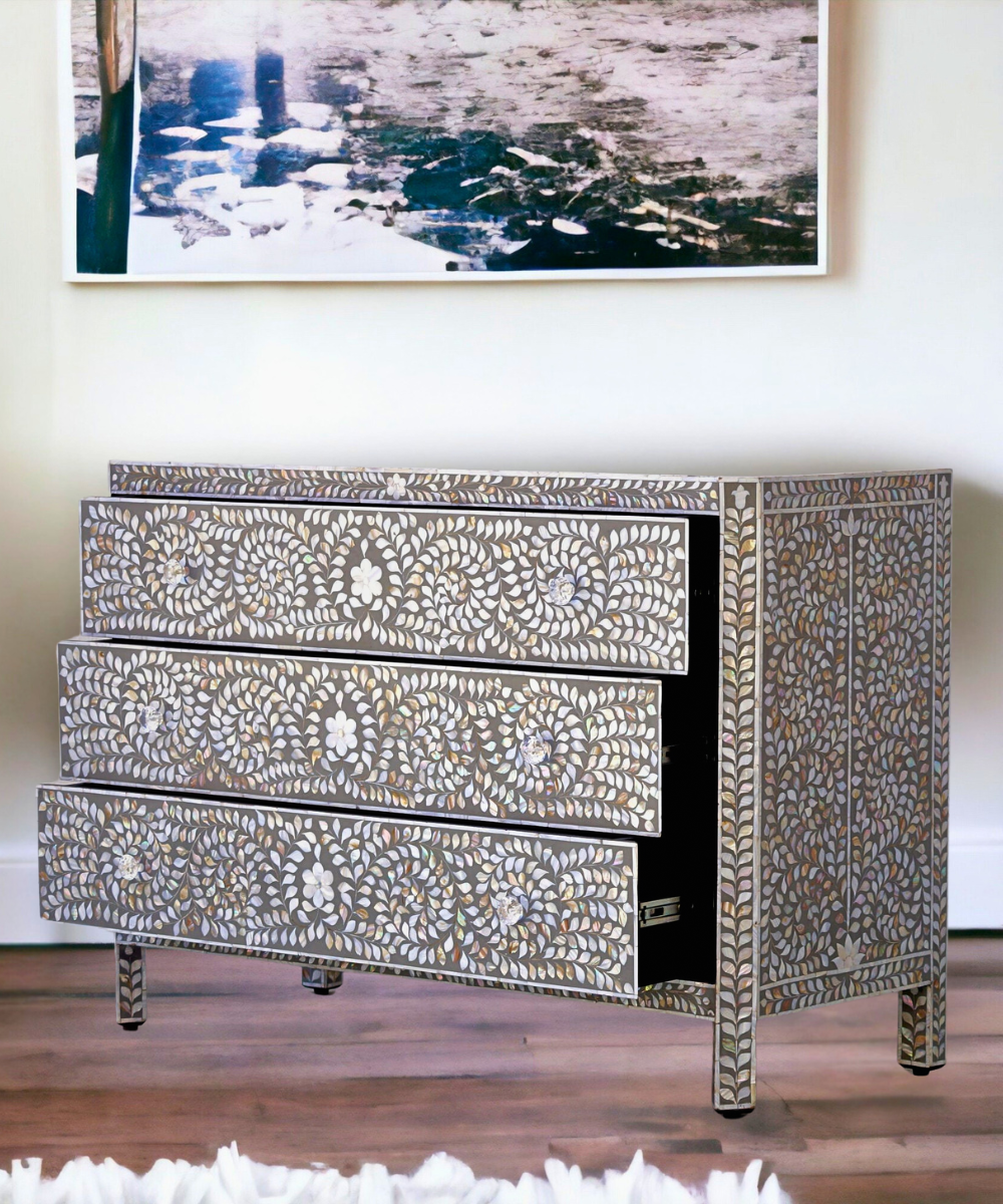 Mother of Pearl 3 Drawer Chest Grey Floral Handcrafted Elegance