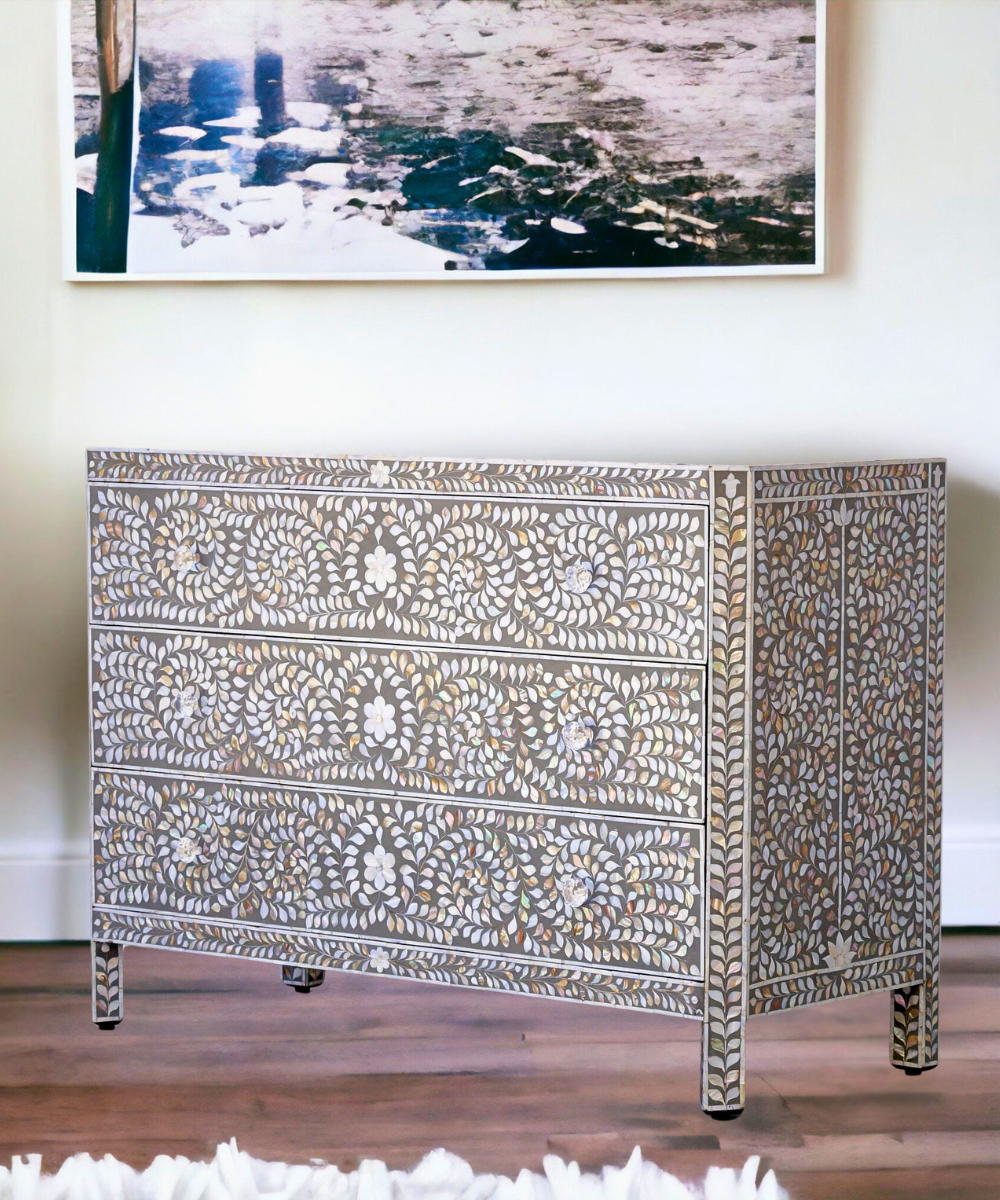 Mother of Pearl 3 Drawer Chest Grey Floral Handcrafted Elegance