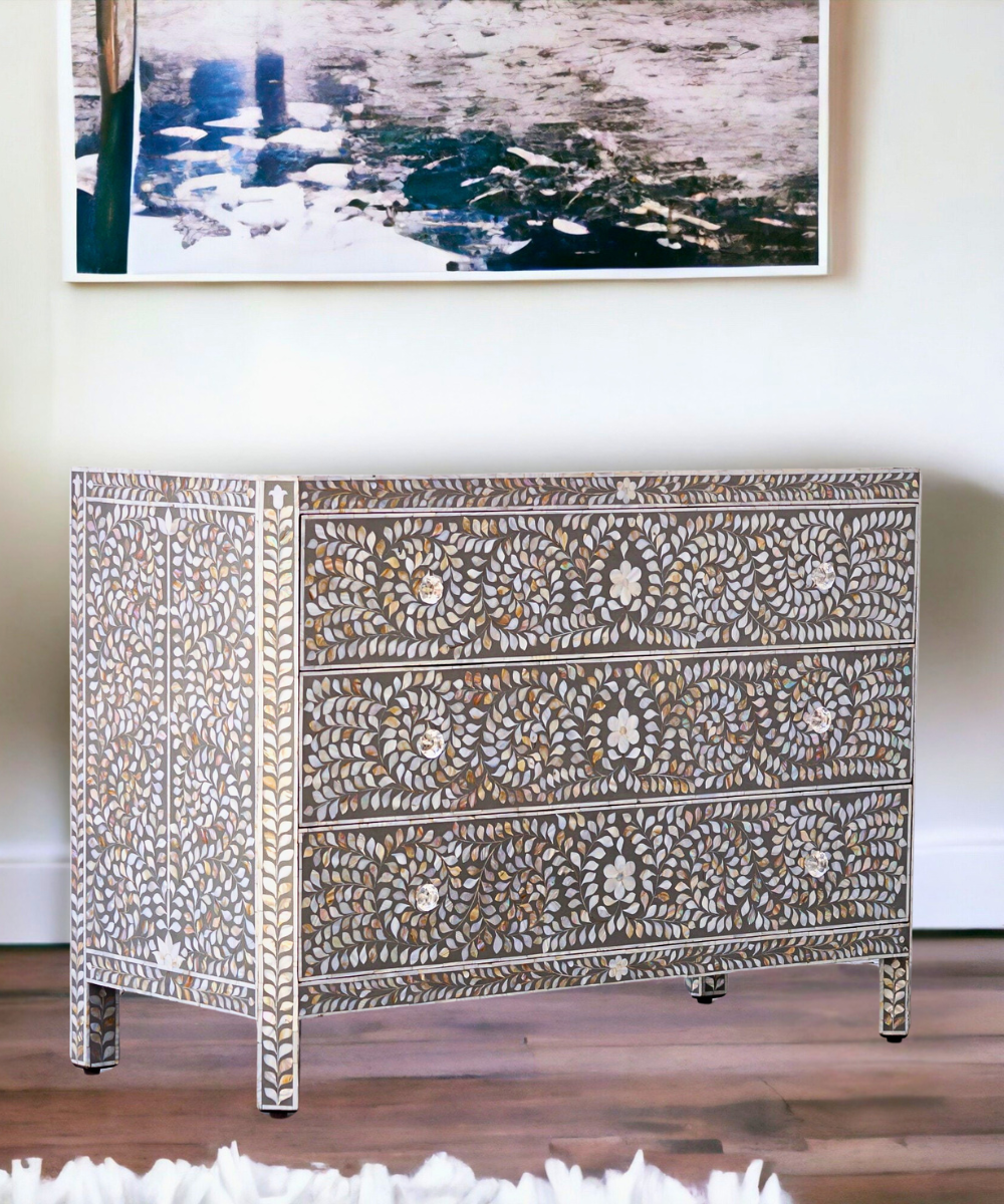 Mother of Pearl 3 Drawer Chest Grey Floral Handcrafted Elegance