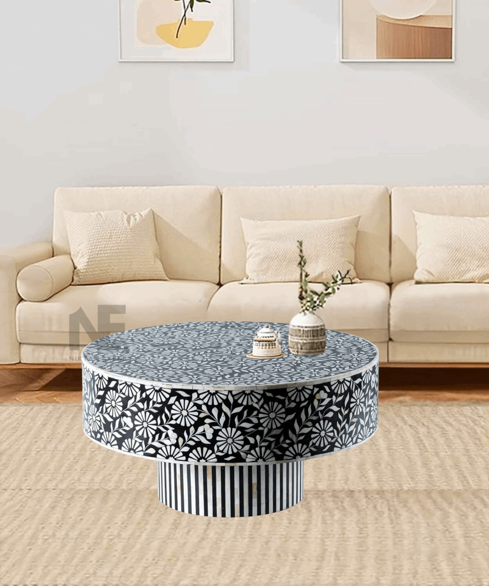 Handmade floral bone inlay coffee table – 36-inch full view