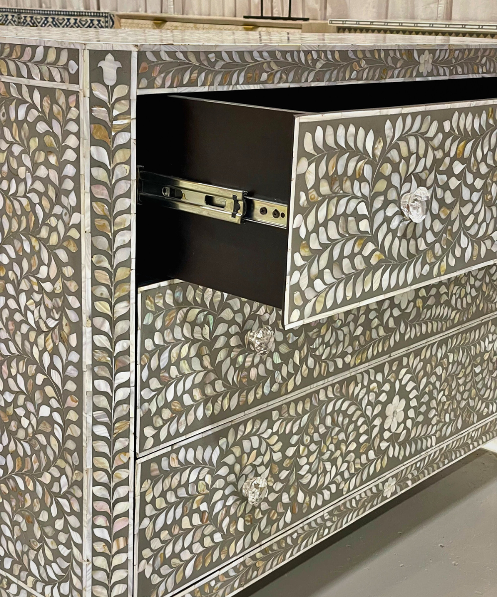 Mother of Pearl 3 Drawer Chest Grey Floral Handcrafted Elegance