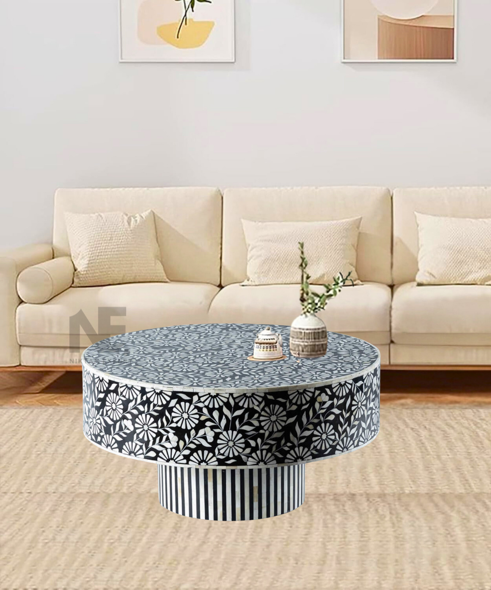 Handmade floral bone inlay coffee table – 36-inch full view