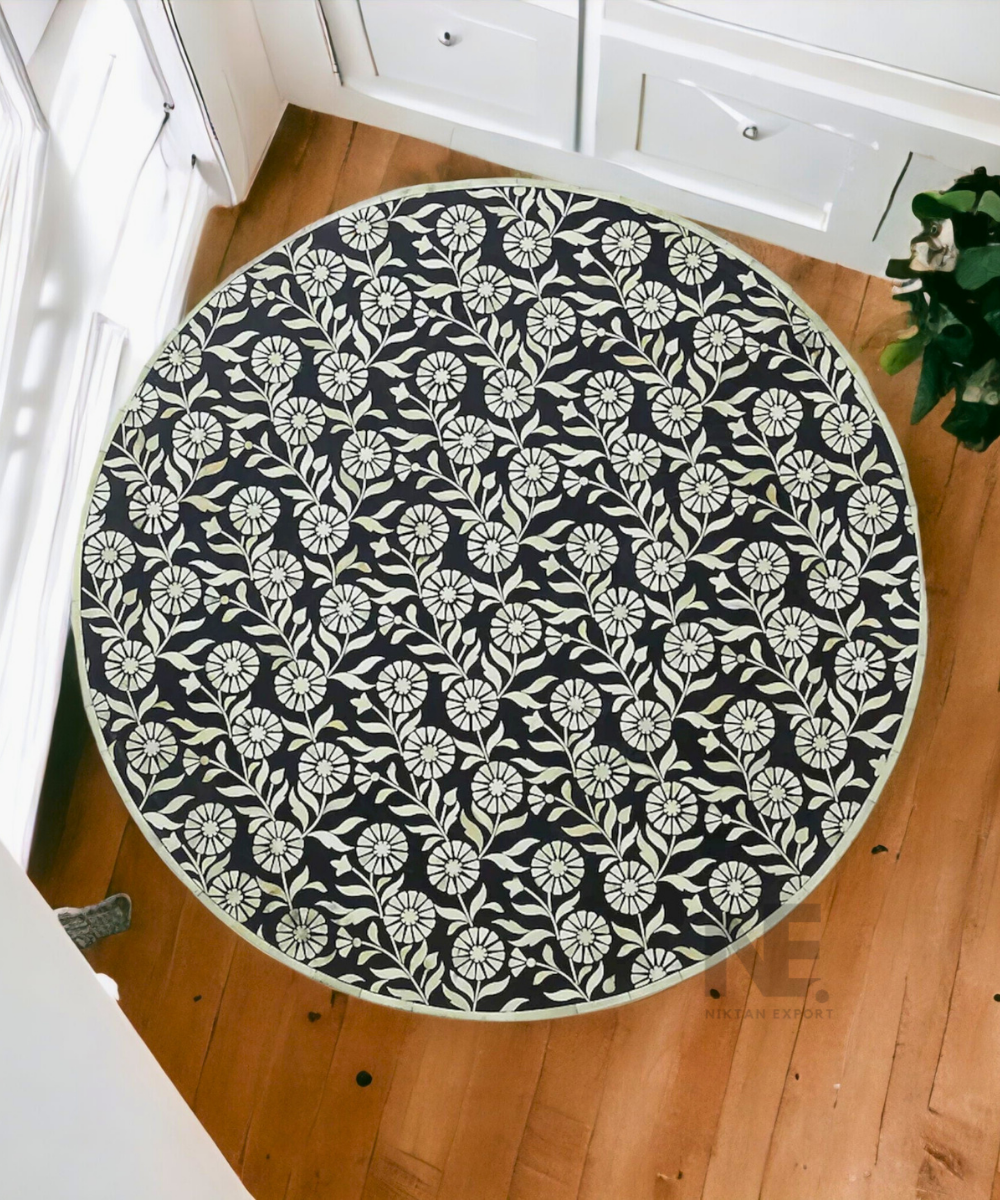 Close-up of intricate floral bone inlay pattern
Top-down view showcasing symmetrical floral design