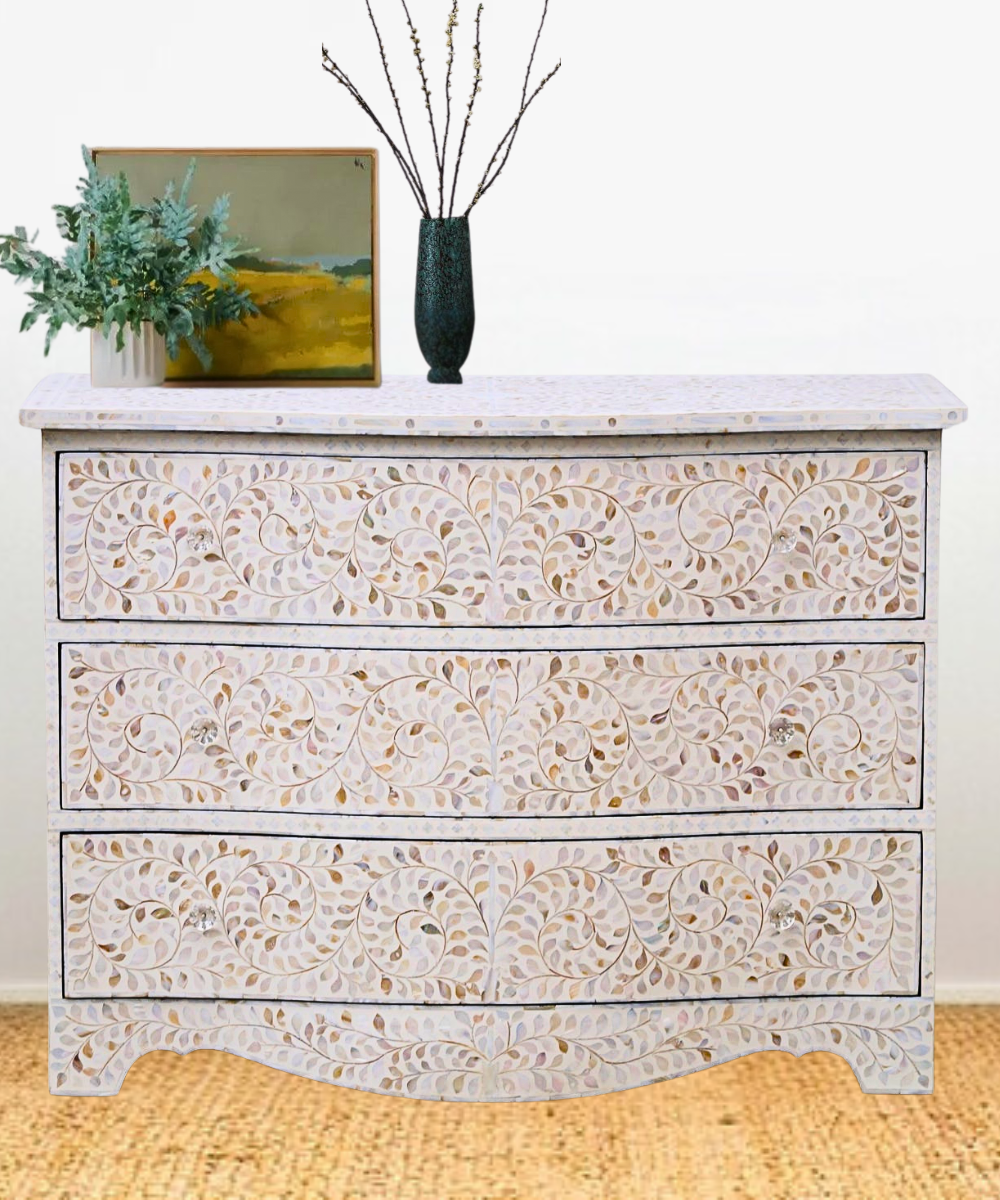 Mother of Pearl French Style Chest – 3 Drawer White Floral