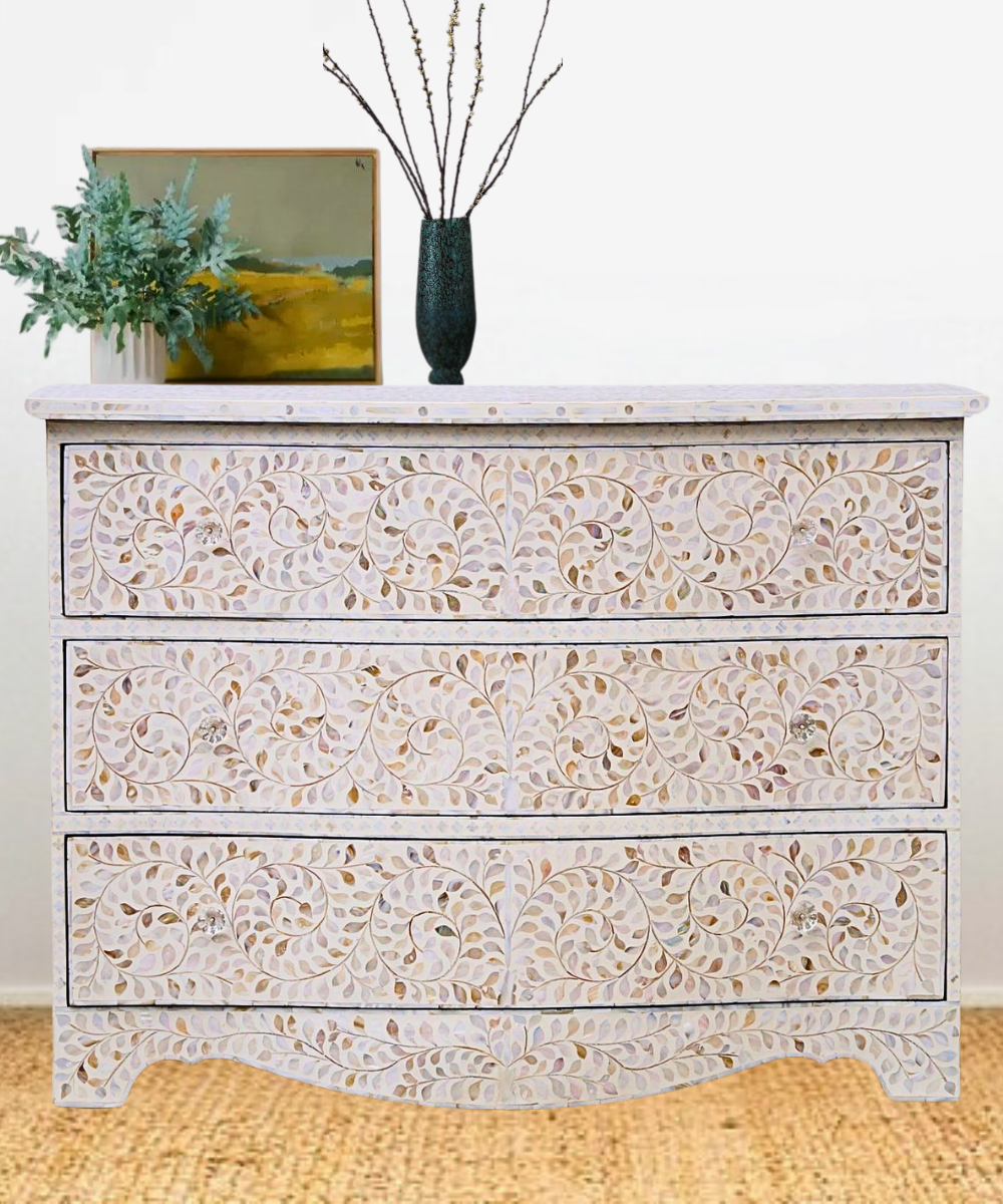 Mother of Pearl French Style Chest – 3 Drawer White Floral