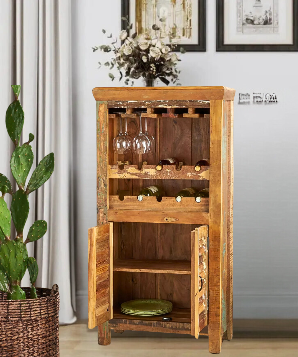 Rustic Wooden Bar Cabinet with Wine Rack – Distressed Reclaimed Wood Bar Cabinet