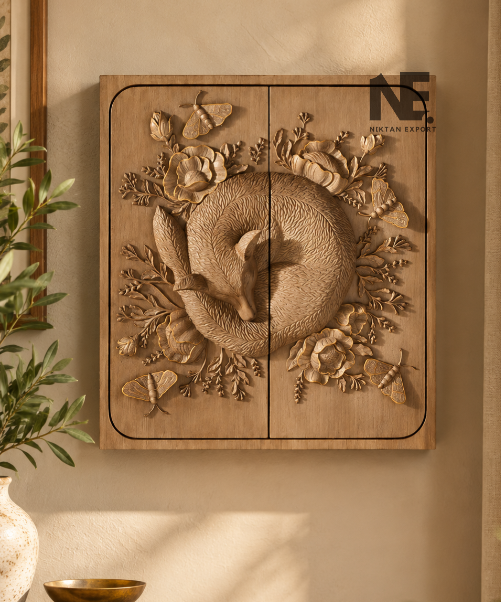 Carved wooden wall cabinet with sculpted fox design