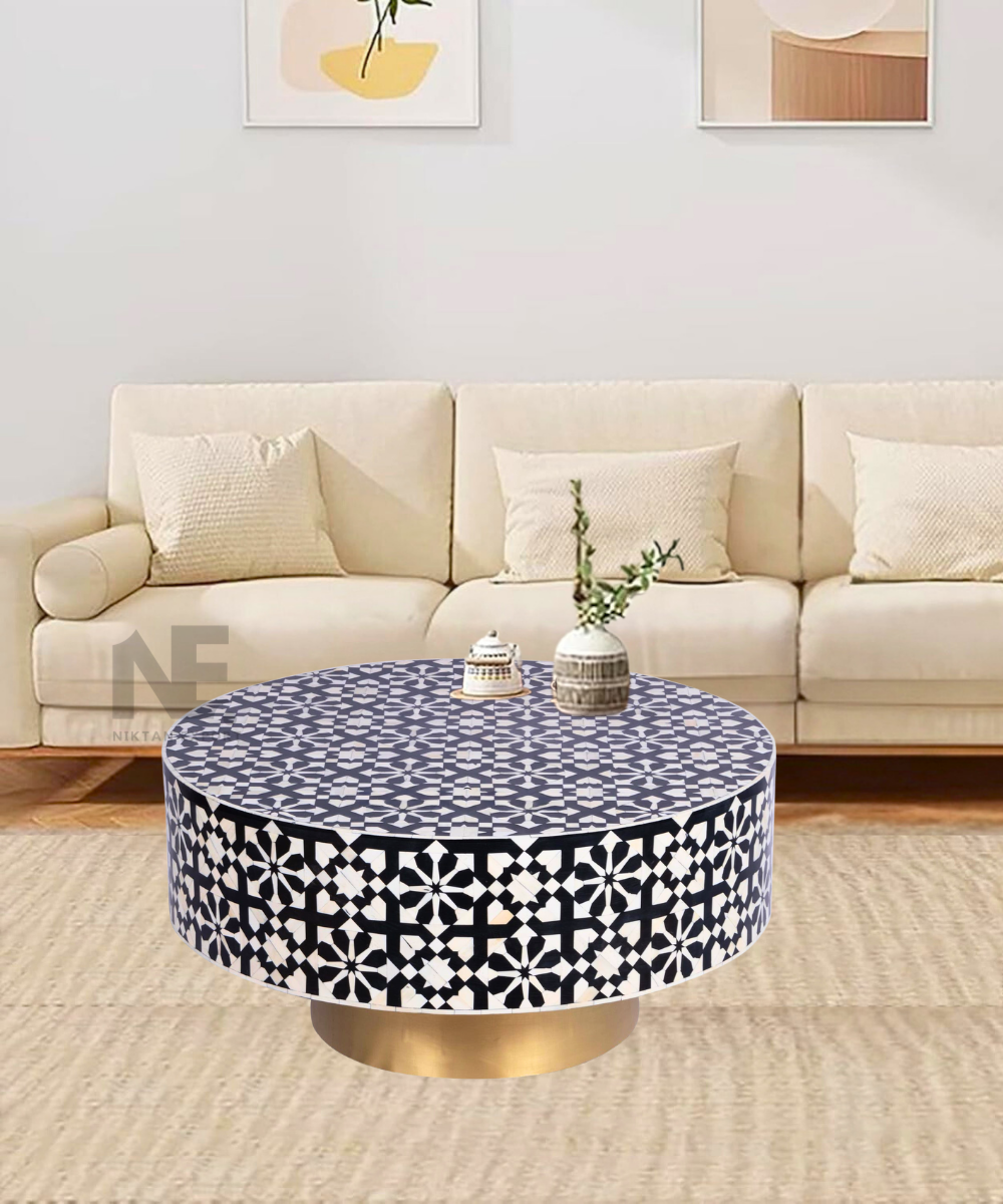 Black and white bone inlay round coffee table – front view