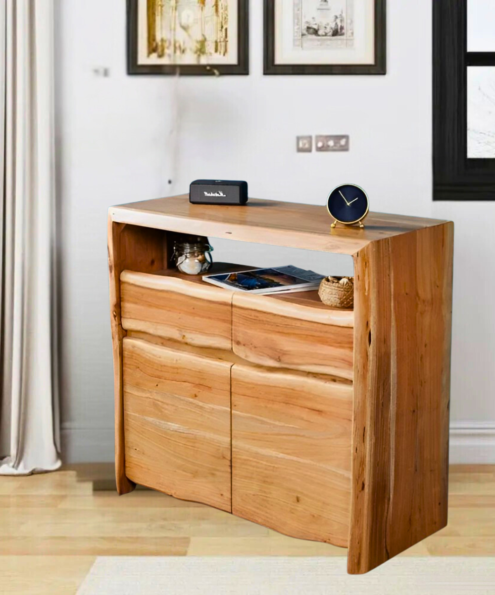Close-up of natural acacia wood grain and lacquered finish
Side angle showing drawers, cabinet doors, and open shelf