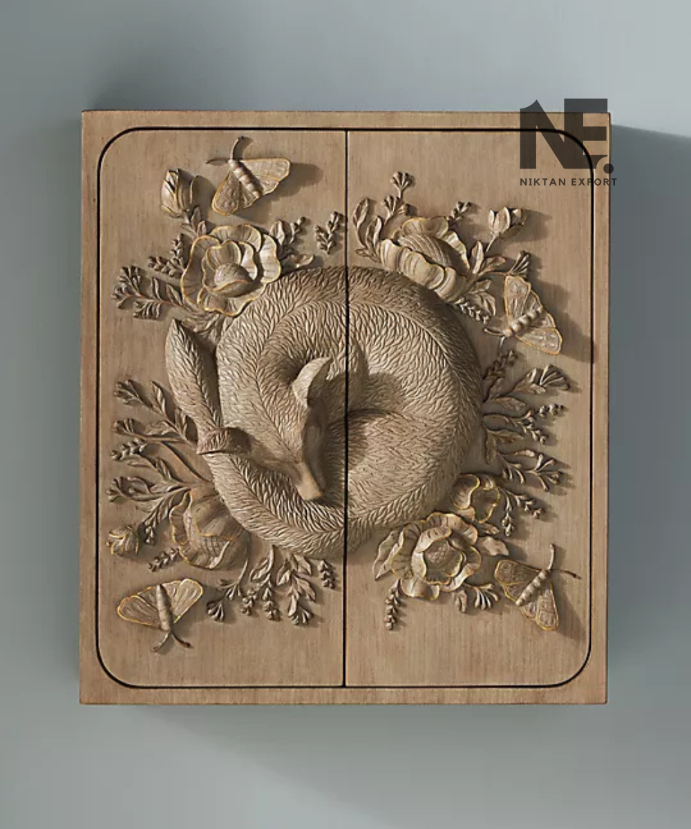 Nature-inspired wooden wall cabinet with floral carving