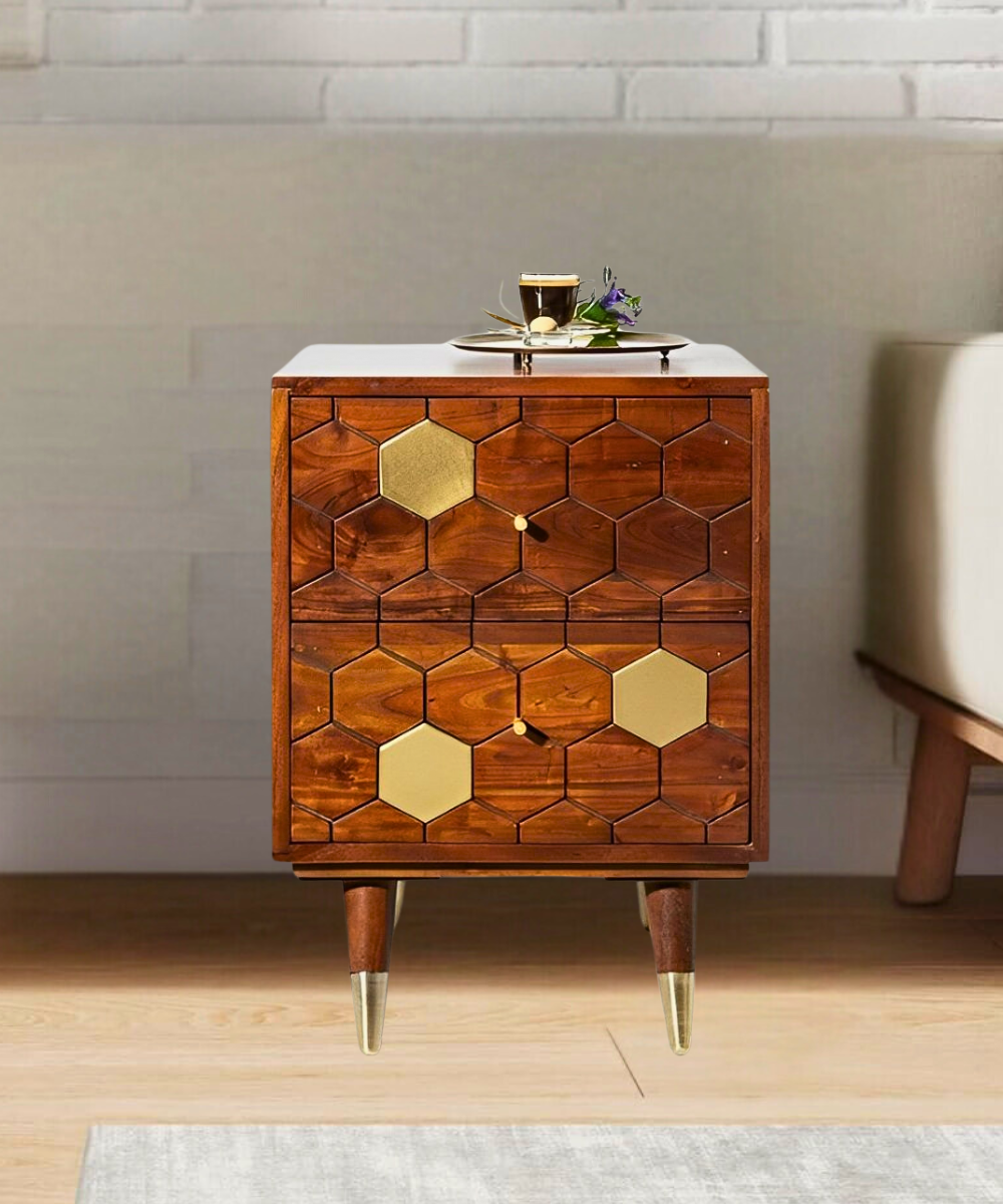 Acacia Wood Bedside Table with Honeycomb Drawer Design – Front View