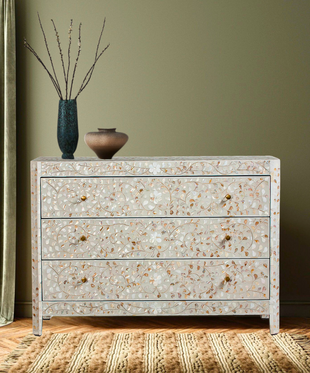 Mother of Pearl Inlay Chest – 3 Drawer White Floral Dresser (Handmade) Mother of Pearl Inlay Chest – 3 Drawer White Floral Dresser (Handmade)