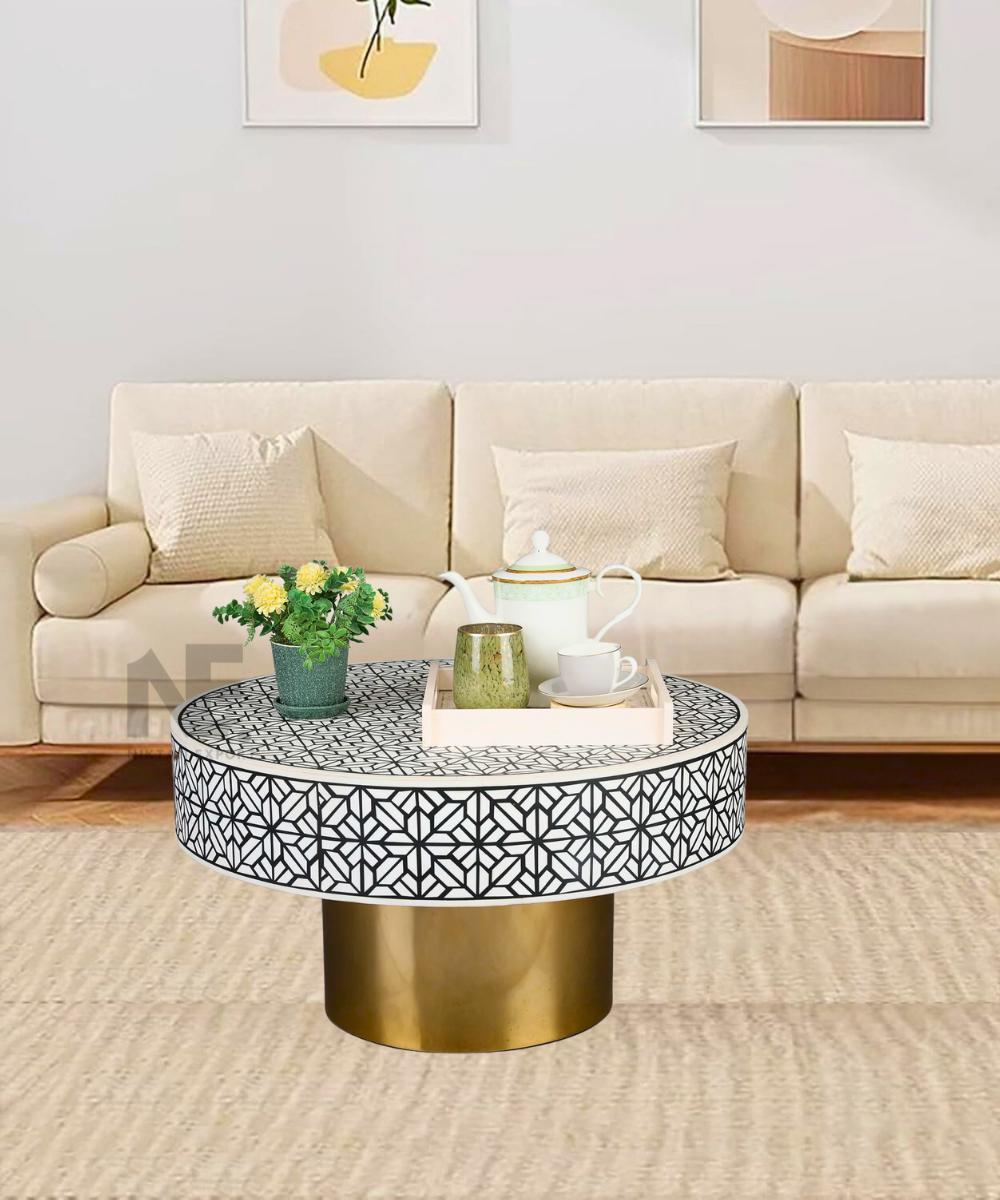 Black and white bone inlay round center table - top view