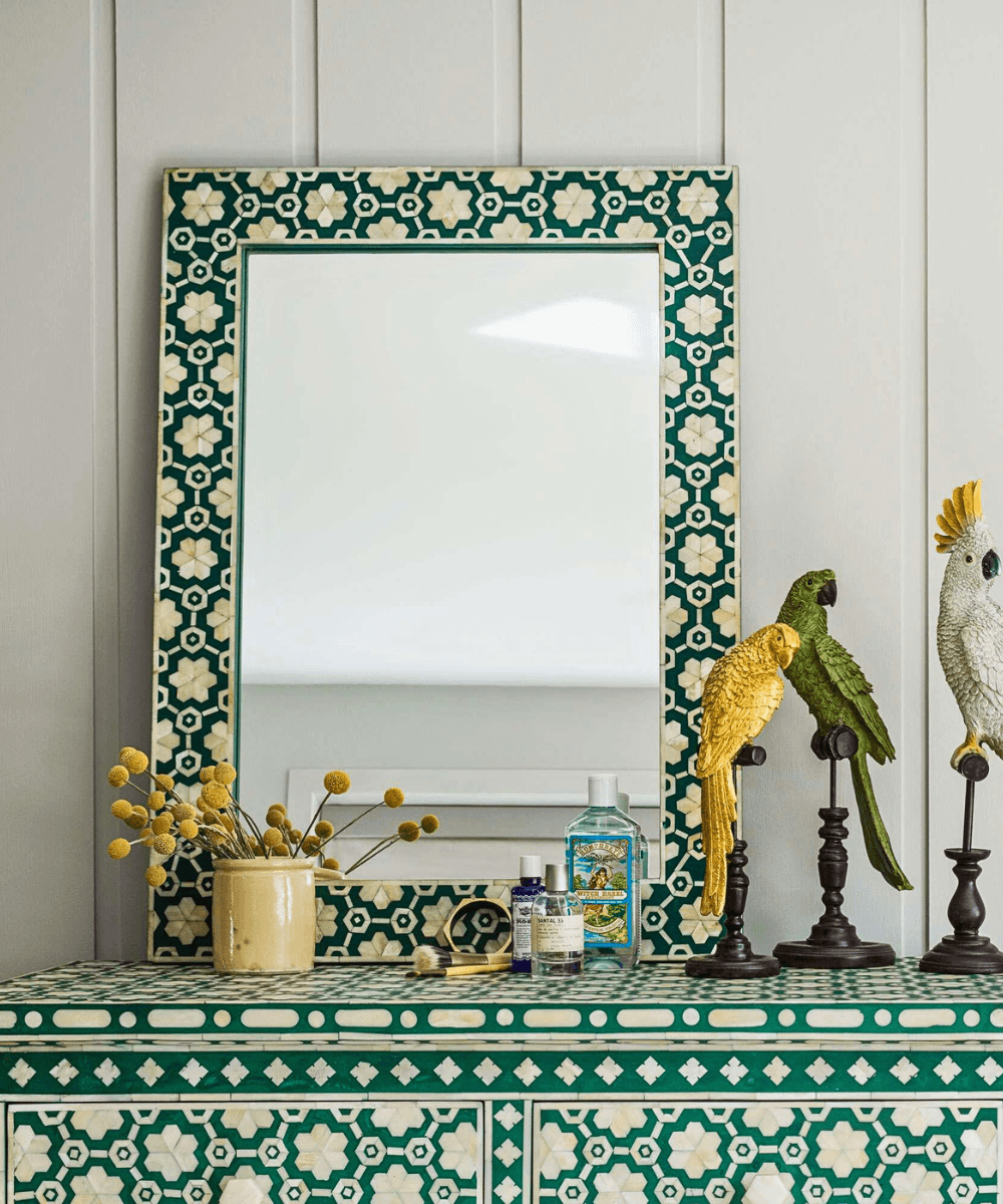 Close-Up of Jade Green Frame and Bone Inlay Detail