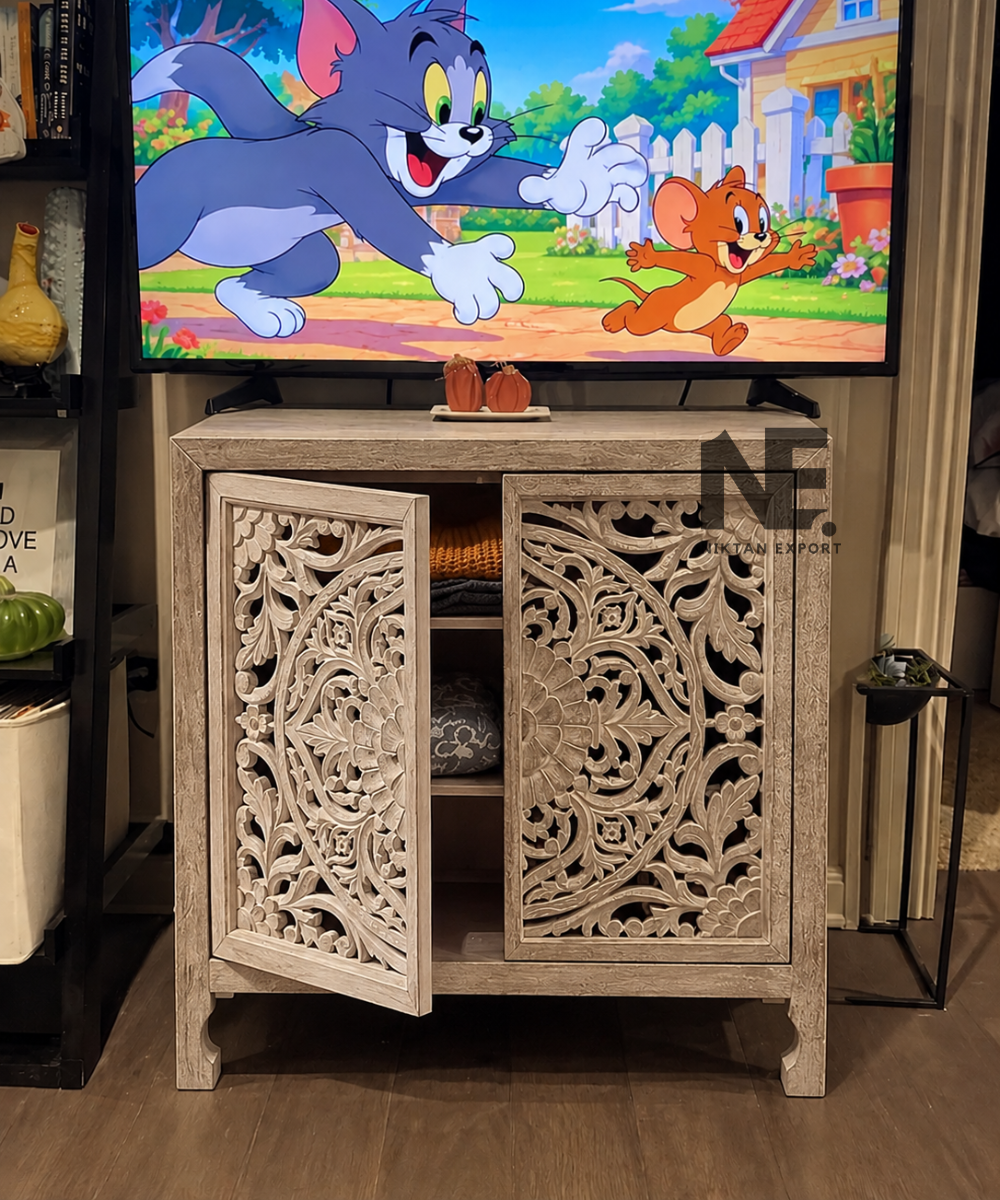 Front view of decorative wooden storage cabinet with two doors