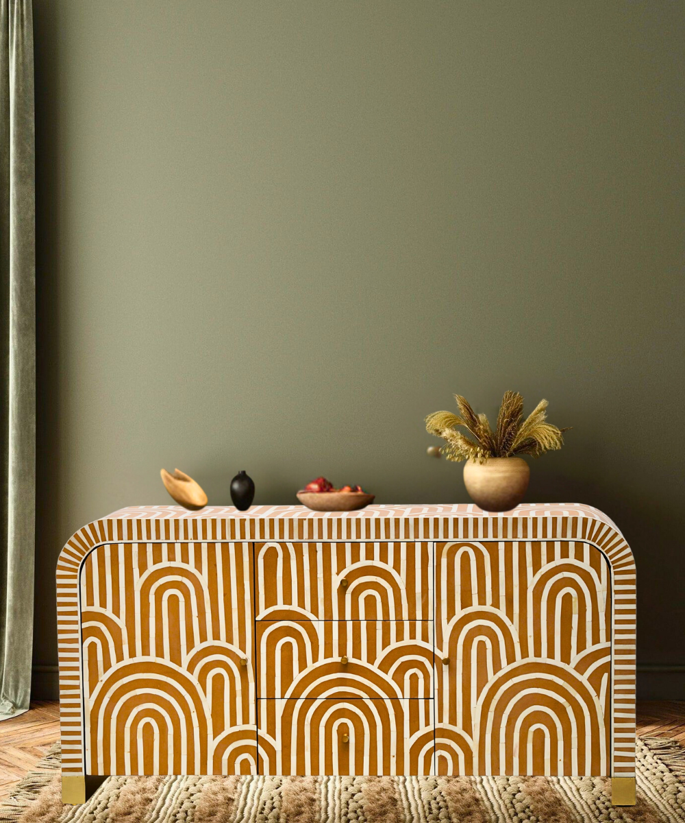 A stunning Bone Inlay Curved Sideboard with an elegant almond arch design, featuring 3 drawers and 2 doors.