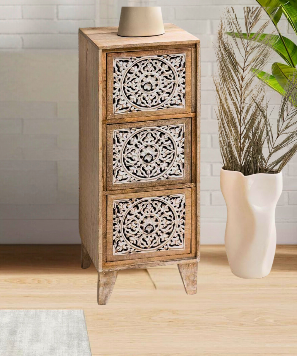 Hand Carved Chest of 3 Drawers Natural Color - NikTan Export