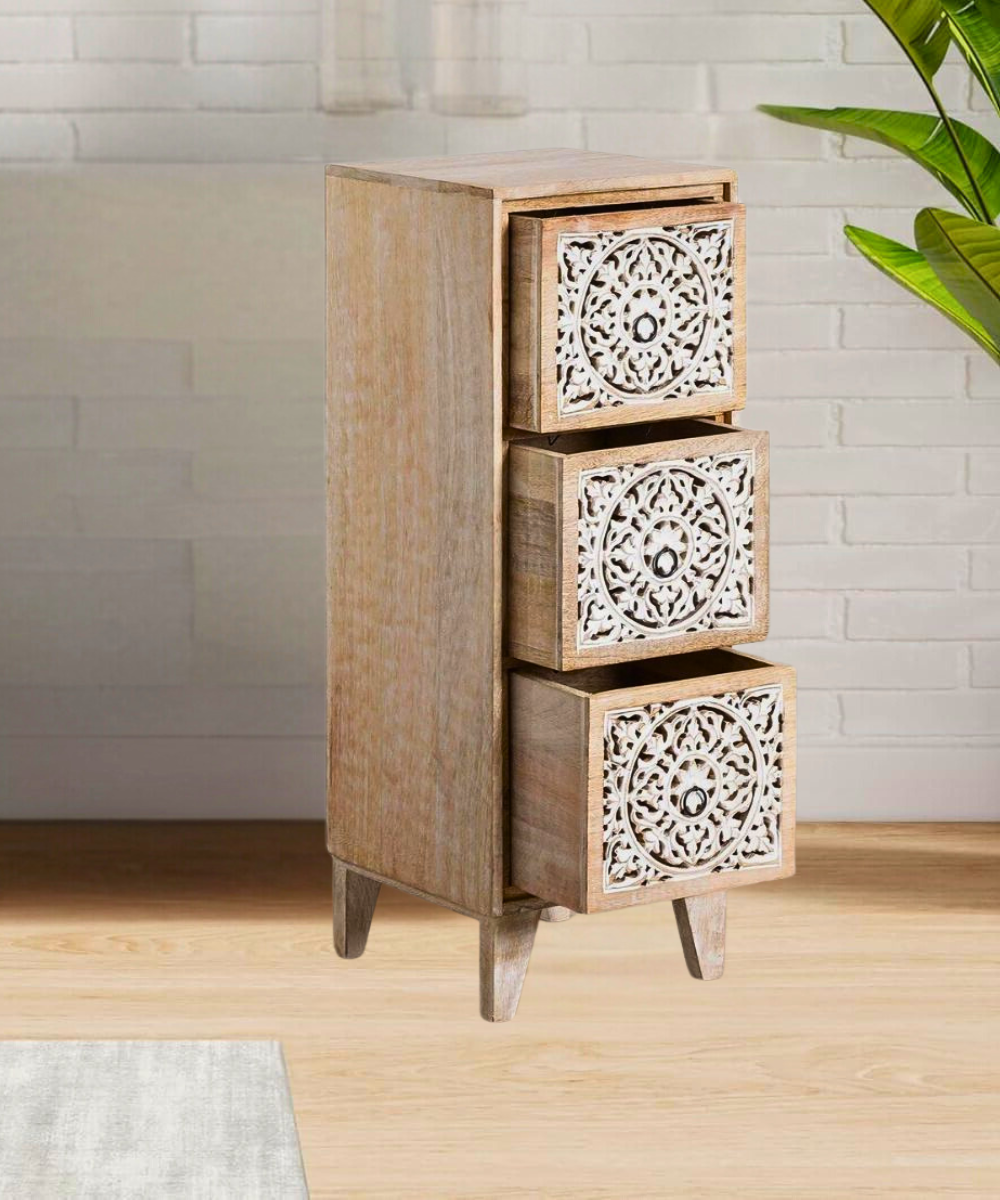 Hand Carved Chest of 3 Drawers Natural Color - NikTan Export
