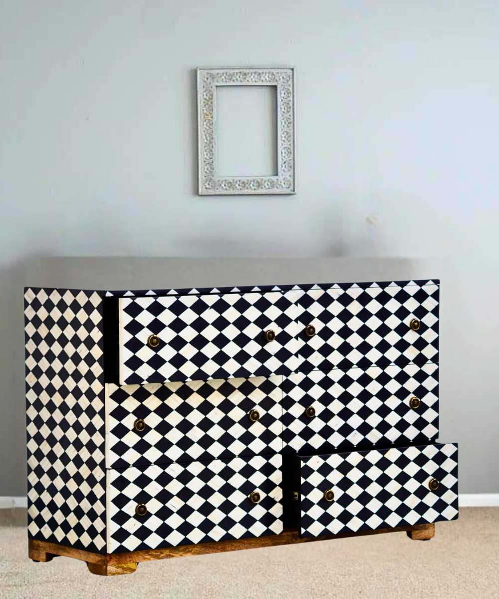 Close-up of black diamond bone inlay detailing
Drawer open showcasing internal storage space