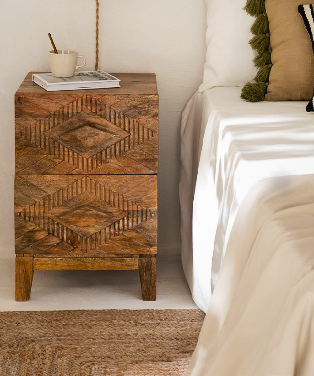 Handcarved mango wood bedside table with two drawers – front view