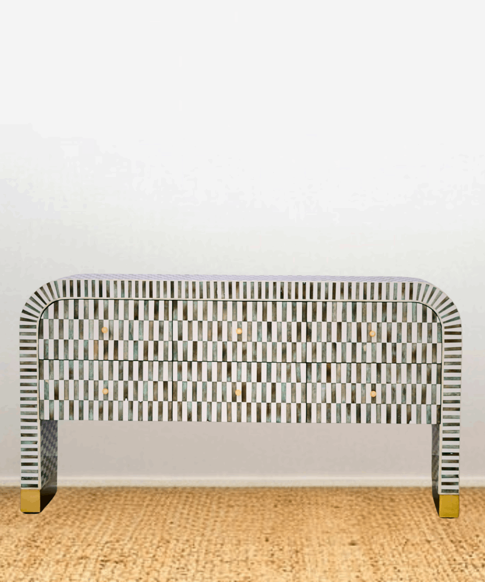 Bone Inlay Curved Console in Green Grey Stripe – Front View