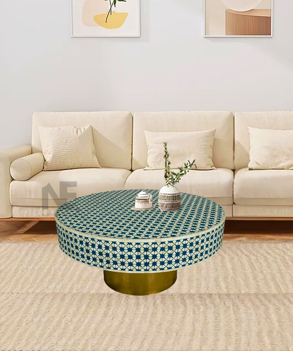 Indigo round bone inlay coffee table full view