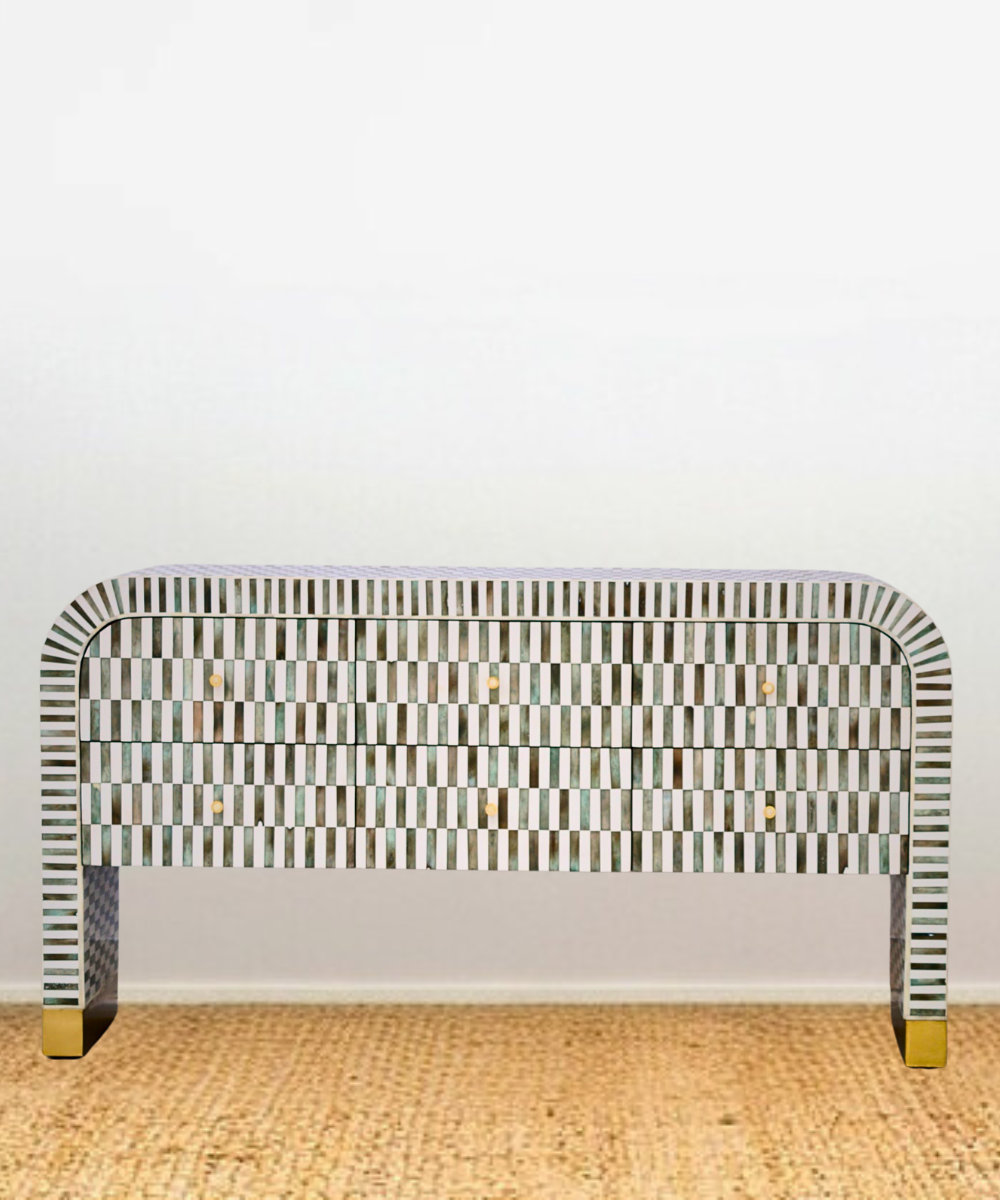 Bone Inlay Curved Console in Green Grey Stripe – Front View