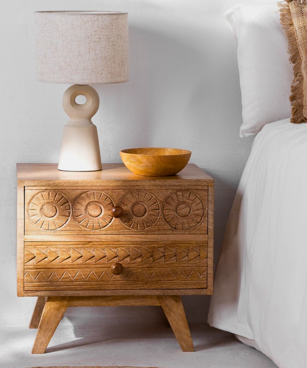Handcarved mango wood bedside table – front view