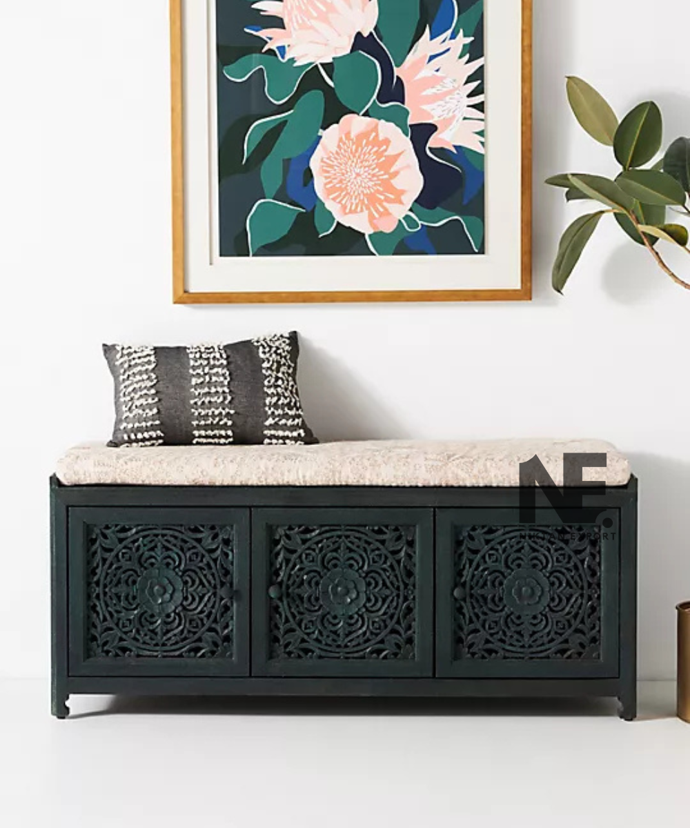 Front view of dark teal bench with three floral panels