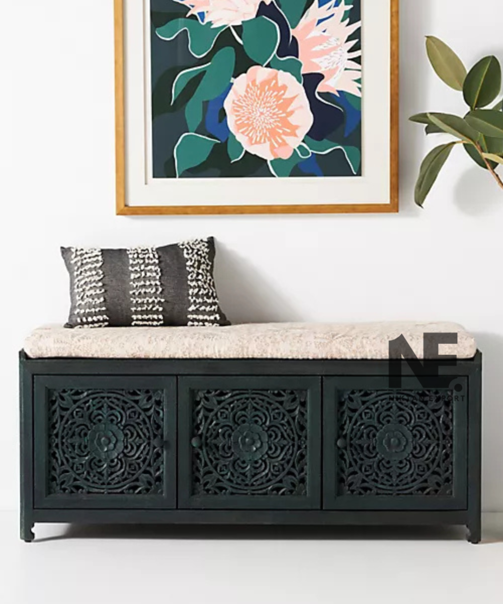 Front view of dark teal bench with three floral panels