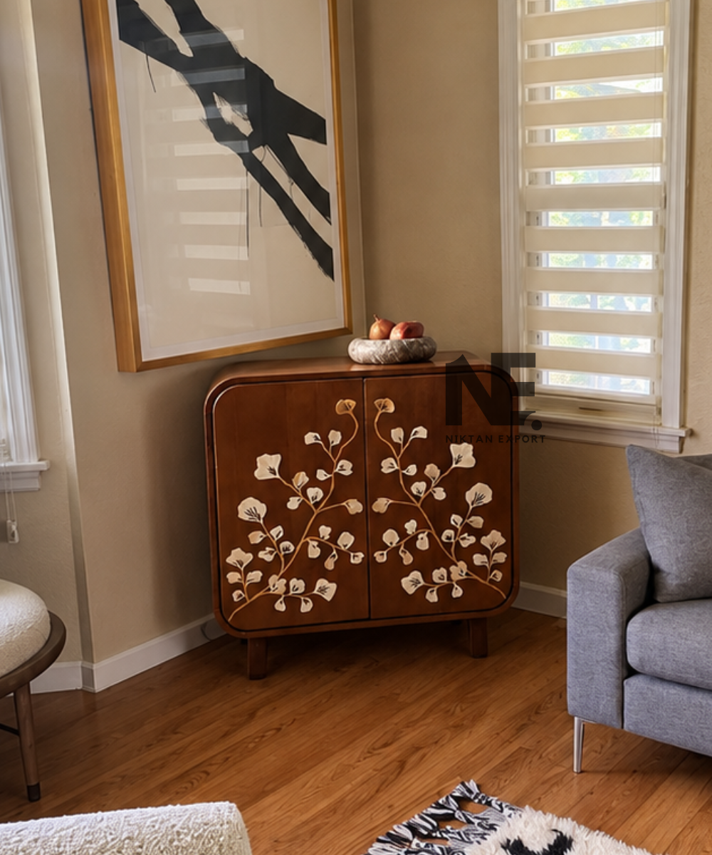 Brown wooden cabinet with Mother of Pearl floral inlay