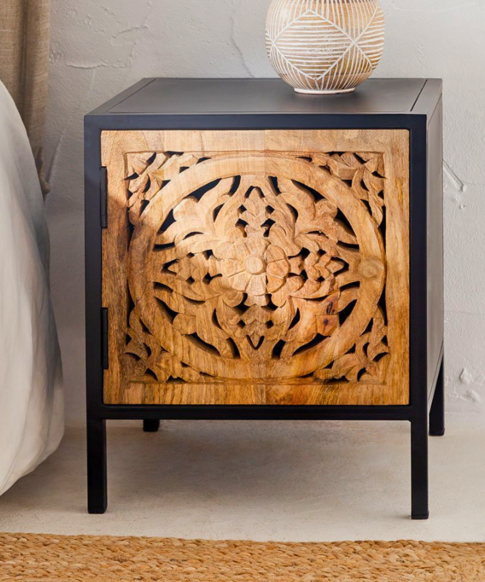 Handcarved mango wood bedside table – front view