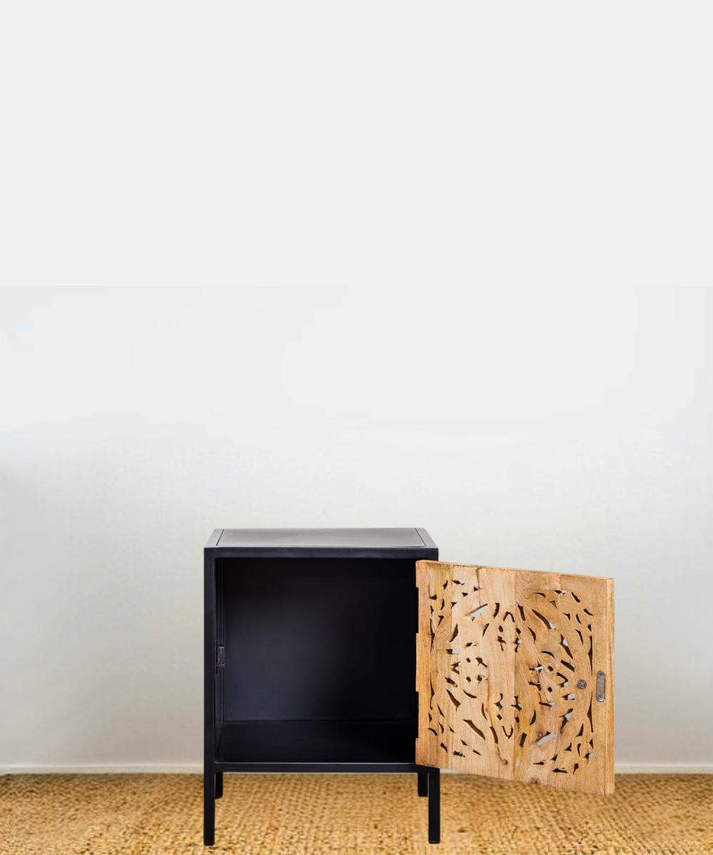 Floral carved wooden nightstand door – close-up